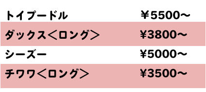 加古川のトリミングサロンチャクルのシャンプーセットコースの料金表です。